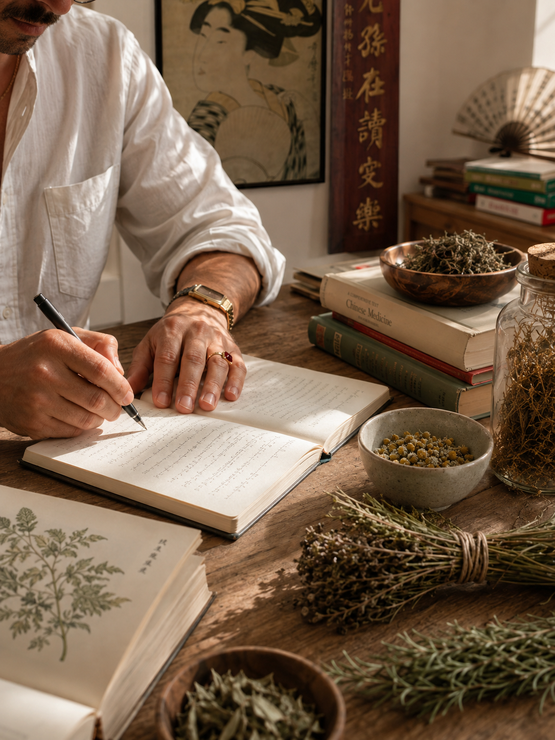Studio individuale con appunti ed erbe officinali
