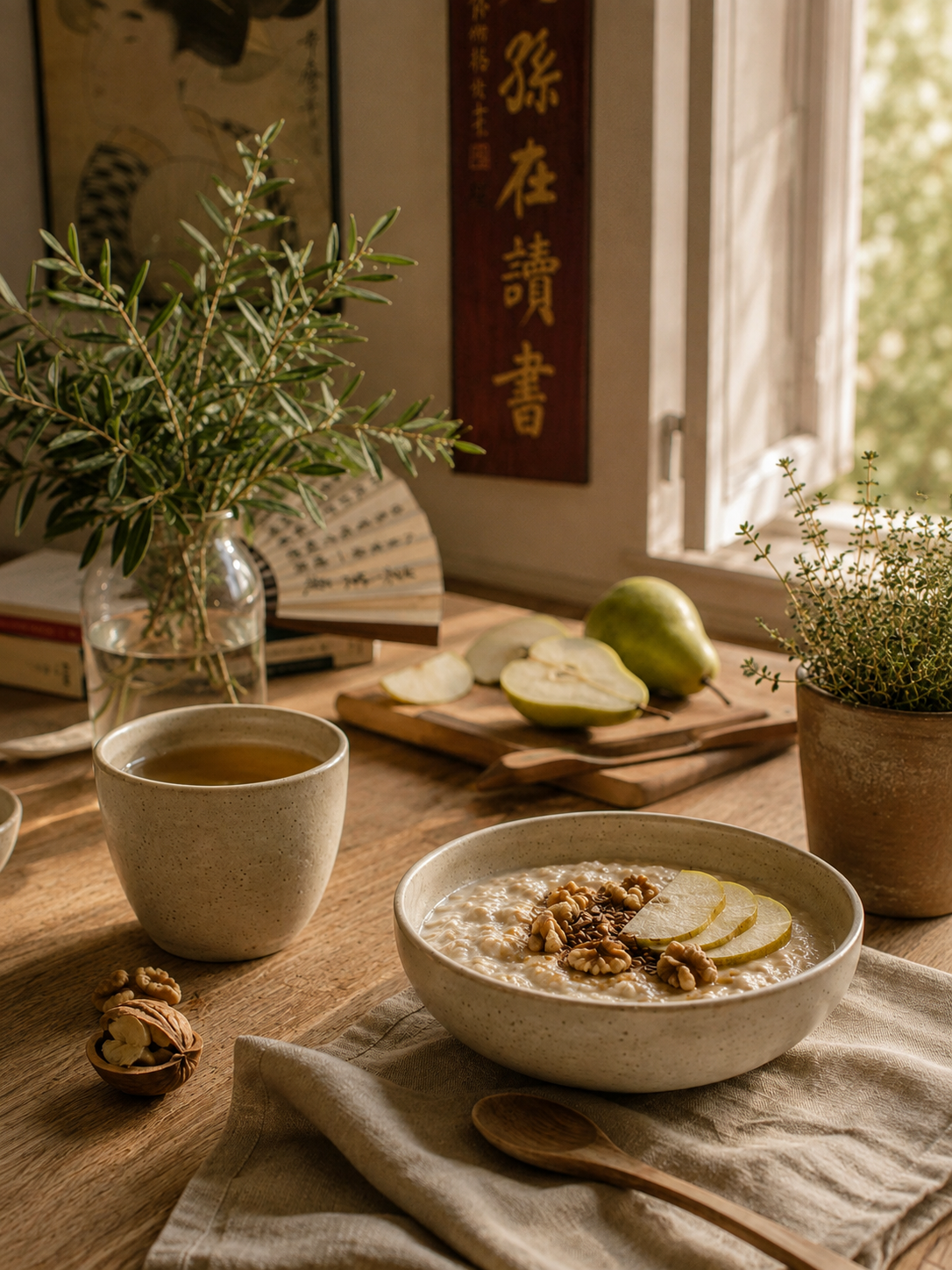 Colazione naturale con tisana, frutta e piante aromatiche
